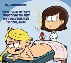 2girls ass big_ass blonde_hair braces breasts cleavage crown happy_ending lola_loud masseuse nude oil older scobionicle99 shiny_skin straight_hair tagme text the_loud_house thick_thighs yuri