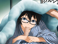 :>= black-framed_eyewear black_hair blue_eyes blush breasts censored clownculture fellatio female glasses hair_between_eyes highres indoors japanese_clothes kimono looking_at_viewer lying mosaic_censoring oral original penis pov short_hair solo_focus striped under_covers wide_sleeves