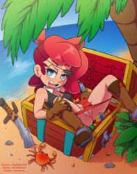 blue_eyes crab eye_patch nera_(the_other_half) original palm_tree panties panty_pull pirate_outfit red_hair red_panties sword tagme the_other_half treasure treasure_chest