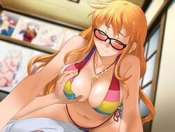 bare_arms bare_legs bikini black-framed_eyewear blonde_hair blush breast_grab breasts cleavage closed_eyes closed_mouth clownculture cosplay embarrassed erect_nipples erect_nipples_under_clothes female glasses grabbing highres indoors jewelry large_breasts legs long_hair lying male nami navel necklace one_piece pov sitting sitting_on_person smile solo_focus string_bikini striped striped_bikini swimsuit thighs