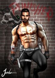 1male 2016 abs against_wall ball_bulge bandage bara beard_stubble beefy belt black_hair bleeding blood blue_eyes body_hair bodypaint bricks buckle bulge cigarette erect_nipples eyes facial_hair fingerless_gloves frank_castle gun holster human jorden_arts leggings male male_nipples male_only manly marvel masculine mature_male muscles muscular muscular_male partially_clothed pecs penis_bulge punisher scar shadow shirtless smoke smoking solo standing symbol tight_pants topless utility_belt wall weapon wound