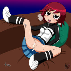 1girls after_sex artist_request ass black_eyes blush bottomless bottomless_skirt breasts censored clothing cum cum_drip cum_in_pussy cum_inside dialogue exposed exposed_pussy eyebrows female female_focus female_only freckles going_commando jacket kim_pine leg_lift leg_up legs looking_at_viewer mostly_clothed nail_polish no_panties painted_nails pillow pussy red_hair revealing_pussy scott_pilgrim shoes sitting skirt skirt_lift small_breasts speech_bubble steam sweat tongue tongue_out vagina zipper