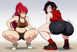 2girls abs ai_generated ass black_hair fat_ass female female_only green_eyes multiple_girls pout pyrrha_nikos red_hair rooster_teeth ruby_rose rwby shoes short_hair shorts silver_eyes smug smug_face sneakers sports_bra squatting teenager