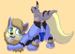 anal arcanine balls blue_body blue_fur bodily_fluids cum cum_in_ass cum_inside cum_while_penetrated duo female female_(lore) feral from_behind_position fur generation_1_pokemon genital_fluids genitals green_eyes grey_body grey_fur knot male male/male nintendo penetration perching_position pokemon pokemon_(species) sex simple_background size_difference slysocx small_dom_big_sub sox_(slysocx) steele_wheelie_(character) tongue tongue_out