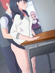 1boy 2girls aethosart animated animated_gif being_watched blue_hair classroom clothed_sex female from_behind hibiki_yuuta male no_sound pink_hair public public_sex school_uniform sex shinjou_akane ssss.gridman straight takarada_rikka video