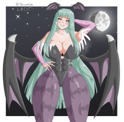 shisohide absurd_res 2025 capcom darkstalkers morrigan_aensland succubus looking_at_viewer smiling smiling_at_viewer grin grinning_at_viewer green_hair long_hair hand_behind_head wings succubus_wings head_wings leotard big_breasts mole mole_on_breast wide_hips thick_thighs pantyhose purple_pantyhose bat_print abs abs_visible_through_clothing green_eyes blush 1girls female female_only solo