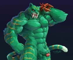 2019 abs absurd_res anthro battle_cat biceps felid fur green_fur hi_res humanoid_penis male male_only mammal masters_of_the_universe muscular muscular_male pantherine pecs penis solo waddledox