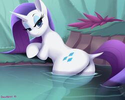 2018 anus ass cutie_mark devo87 dock equine eyelashes eyeshadow female feral friendship_is_magic hi_res horn looking_at_viewer makeup mammal my_little_pony partially_submerged pussy rarity_(mlp) solo unicorn water