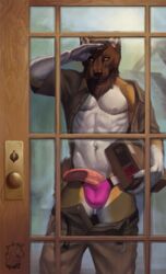 2012 abs akita anthro belt brown_bottomwear brown_clothing brown_fur brown_nose brown_pants brown_shirt brown_tail brown_topwear canine claws clothed clothing detailed_background door fur half-erect hi_res holding_object humanoid_penis hurst male male_only mammal multicolored_fur muscular muscular_male nipples omari open_shirt package pants pants_down partially_clothed pecs penis pink_bottomwear pink_clothing pink_nipples pink_penis pink_underwear poking_out shirt solo underwear vein veiny_penis yellow_eyes