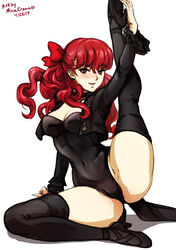 1girls atlus bedroom_eyes blush clothed clothing dated female hair human kasumi_yoshizawa leg_up leotard looking_at_viewer megami_tensei minacream pale_skin persona persona_5 persona_5_royal phantom_thief_suit presenting red_eyes red_hair stretching sumire_yoshizawa thighhighs video_games