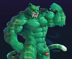 2019 abs absurd_res anthro battle_cat biceps duo felid fur green_fur hi_res humanoid_penis male male_only mammal masters_of_the_universe muscular muscular_male nude pantherine pecs penis solo_focus waddledox