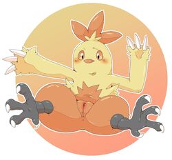 1girls 3_fingers 4_toes ass avian beak big_ass black_eyes claws cloaca combusken feet female looking_at_viewer mad_oneru nintendo nude orange_background orange_sclera orange_skin pokemon pokemon_rse pussy shortstack solo spread_legs thick_thighs uncensored white_border yellow_skin