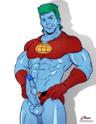 1boy alien blue_penis blue_skin captain_planet captain_planet_and_the_planeteers erection gloves green_hair hands_on_hips looking_at_viewer male male_only muscular no_nipples penis phausto pinup presenting_penis red_eyes shorts_aside solo testicles uncensored veiny_penis white_background