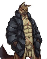 abs anthro athletic balls biceps canine clothed clothing flaccid fur german_shepherd humanoid_penis jacketbear looking_away male male_only mammal muscular open_shirt partially_clothed partially_retracted_foreskin pecs penis scar shirt simple_background solo standing uncut vein white_background yellow_eyes