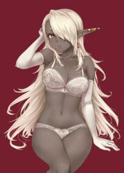 arm_up bare_shoulders blonde_hair blush bra breasts cleavage collarbone commentary_request dark-skinned_female dark_elf dark_skin earrings elbow_gloves elf etrian_odyssey female gloves hair_over_one_eye jewelry lace lace-trimmed_bra lace-trimmed_panties large_breasts lingerie lips long_hair looking_at_viewer navel panties parted_lips po_ni pointy_ears purple_eyes red_background sekaiju_no_meikyuu simple_background sitting solo underwear underwear_only very_long_hair warlock_(sekaiju) white_bra white_gloves white_hair white_panties