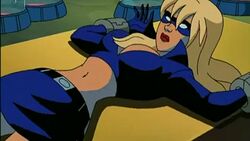 beltskirt blonde_hair blue_shirt blue_skirt erotica_jones eye_mask laying_down medium_breasts official_art red_lips screenshot skirt stripperella