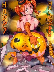 anal_beads anus ass big_ass big_breasts big_penis big_testicles bodypaint breasts clothing dragon_quest dragon_quest_viii female halloween jack-o'-lantern jessica_albert kibazoku large_breasts looking_at_viewer looking_back penis pumpkin pumpkin_butt pussy pussy_juice sex_from_behind solo testicles twintails