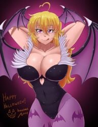 1girls arms_up big_breasts blonde_hair breasts capcom cleavage clothing cosplay curvy darkstalkers demon_wings english_text female female_only halloween halloween_costume hands_behind_head huge_breasts kingjnar large_breasts long_hair membranous_wings morrigan_aensland_(cosplay) purple_eyes rwby seductive text tight_clothing tongue tongue_out wings yang_xiao_long