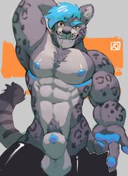 2018 abs animal_genitalia anthro ashendawger balls biceps blue_penis clothing feline fur hair hand_behind_head hi_res leopard male male_only mammal muscular muscular_male nipples pecs penis penis_tip sheath snow_leopard solo