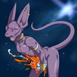 1boy animal_ears armlet bar_censor beerus black_hair blush boner censored cum destruction dragon_ball dragon_ball_super earth ejaculation erection jewelry macro male_focus male_only neck_ring nipples nose_blush nude open_mouth orgasm penis planet purple_skin solo space sweat tail teba_makoto