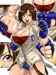 belt breasts brown_eyes brown_hair cleavage clenched_hands denim denim_shorts erect_nipples female fighting_stance fingerless_gloves gloves jacket kazama_asuka large_breasts lips open_mouth raburebo short_hair shorts smile solo_focus tekken