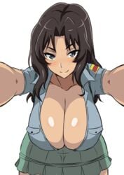 1girls aoshidan_school_uniform arms_up bent_over big_breasts breasts brown_hair cleavage clothed el_(girls_und_panzer) female female_only femdom girls_und_panzer huge_breasts kabedon large_breasts long_hair looking_at_viewer medium_hair pov pov_eye_contact seductive skirt smile solo tawashi1623