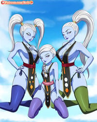 3girls angel blue_skin clothed clothes cus dragon_ball dragon_ball_super female female_only marcarita multiple_girls on_knees patreon purple_eyes purple_nipples reit sisters vados white_hair_ornament