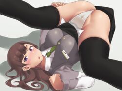 ass blush brown_hair long_hair original panties purple_eyes ryokucha_michi shirt skirt spread_legs stain stained_panties suit tie underwear