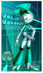 14-bis 1girls 2012 3_fingers blue_shirt female hand_on_hip jean_shorts jenny_wakeman leaning light_blue_eyes looking_at_viewer my_life_as_a_teenage_robot nickelodeon robot robot_girl smiling smooth_skin standing xj-9