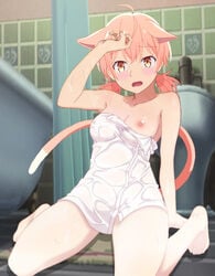 ahoge animal_ears bathroom blush breasts cat_ears cat_tail cleavage female hand_on_head kneeling koito_yuu looking_at_viewer medium_breasts nipple_slip nipples pink_hair tail towel twintails wet_towel white_towel yagate_kimi_ni_naru yellow_eyes