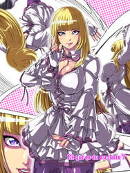 bangs blonde_hair blue_eyes blunt_bangs breasts cleavage dress emilie_de_rochefort female fighting_stance fingerless_gloves french_text frilled_dress frills gloves hime_cut lips long_sleeves medium_breasts nail_polish pantyhose raburebo skirt solo_focus tekken text_focus