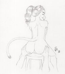 2018 ass butt_grab chair cougar dreadwolfclaw1990 feline female furry grope hand_on_butt looking_at_viewer looking_back mammal pussy sitting traditional_media_(artwork)