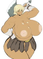 1girls areolae axe blonde_hair blue_eyes breasts curvy dark_skin gigantic_breasts inverted_nipples large_areolae larger_female looking_at_viewer muscular_female nipples plump puffy_nipples sasaki_tatsuya scar short_hair standing thick_thighs topless weapon wide_hips