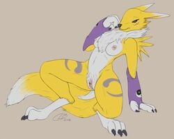 2018 anthro armwear black_sclera blue_eyes breasts claws clb clothing digimon digitigrade elbow_gloves female fur furry furry_only gloves grey_background mostly_nude multicolored_fur neck_tuft nude presenting presenting_pussy pubes pussy renamon simple_background solo spread_legs spreading tail thick_thighs tuft two_tone_fur white_fur wide_hips yellow_fur