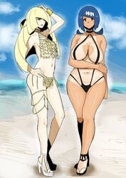 ac_butsupa aether_foundation bad_censor big_breasts blonde_hair covering flat_chest human human_only kurosu_gatari lana's_mother_(pokemon) lusamine_(pokemon) milf mob_face pokemon pokemon_sm sandals skinny skinny_girl small_breasts wide_hips