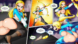 2girls absurd_res absurdres angry areolae arrow ass big_breasts blonde_hair bow_(weapon) bow_and_arrow breasts breasts_out breath_of_the_wild catfight comic dialogue dildo english_text female female_only fight fighting final_destination highres holding holding_object holding_weapon human innie_pussy large_breasts metroid mostly_nude multiple_girls nintendo nipples no_bra no_panties page_5 princess_zelda pussy samus_aran sexfight super_smash_bros. text the_legend_of_zelda thick vagina weapon witchking00 yuri zelda_(breath_of_the_wild) zero_suit