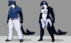 anthro belt blue_eyes breasts cetacean clothed clothing female footwear hat lonelyworld looking_up mammal marine nipples nude orca pussy sailor shiny shoes smile smoking_pipe solo whale wide_hips