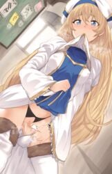 blonde_hair blue_eyes blush clothing container_urination crotchless_panties cum dress_lift female female_only goblin_slayer hews_hack long_hair nipples_visible_through_clothing panties pantsu peeing peeing_in_cup priestess_(goblin_slayer) pussy standing_pee teacup thighhighs uncensored urinating_female urinating_in_cup urine