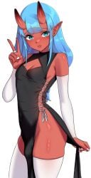 1futa aqua_eyes arm_sleeves black_dress blue_hair bulge djwhiteboooty dress ear_piercing flat_chest freckles futa_only futanari long_hair oni oni_horns pointy_ears red_skin slit_pupils solo sui_(suikisses) thick_thighs thighhighs trans_woman transfem v_sign very_high_resolution white_armwear white_background white_thighhighs