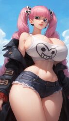 1girls 2d ai_assisted ai_generated bare_shoulders belly belly_button big_breasts black_eyes breasts breasts_bigger_than_head cleavage clothed clothed_female crop_top earrings female female_only ghost ghost_girl hips jacket long_hair looking_at_viewer manah_(artist) midriff one_piece perona pink_hair puffy_lips shorts slave_handles smile solo source standing thick_thighs thighs thin_waist tied_hair twintails wide_hips