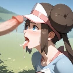 1boy after_fellatio ai_generated bangs blue_eyes blush bow breasts bright_pupils brown_hair censored cum cum_in_mouth cum_on_tongue cum_string day double_bun erection female from_side grass hair_bun long_hair looking_at_penis mosaic_censoring open_mouth outdoors penis pokemon raglan_sleeves rosa_(pokemon) sidelocks sky solo_focus straight tongue tongue_out twintails umiaiart upper_body visor_cap white_pupils