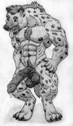 4_toes 5_fingers abs anthro balls big_balls big_chest big_penis bodily_fluids broad_shoulders chest_tuft claws dewclaw digitigrade dripping eye_scar facial_scar feet finger_claws fingers fur genital_fluids genitals gnoll hand_on_hip hi_res huge_cock hyena leaking_precum male mammal mane monochrome muscular muscular_anthro muscular_male navel nipples notched_ear nude open_mouth pawpads paws pecs penis precum precum_drip pubes s32 scar serratus shaded simple_background solo spots standing tail teeth thick_neck thick_thighs toe_claws toes tongue tongue_out traditional_media_(artwork) tuft vein veiny_arms veiny_penis white_background