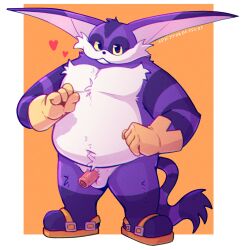 1boy anthro balls belly big_the_cat clothing domestic_cat felid feline felis flaccid footwear foreskin fur genitals gloves handwear heart_symbol hi_res looking_at_viewer male male_only mammal mostly_nude navel overweight penis purple_body purple_fur sandals sega shoes solo sonic_(series) sonic_the_hedgehog_(series) spicyfoxdessert striped_body striped_fur stripes yellow_eyes