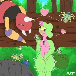 after_birth after_sex aftercare anthro arachnid ariados arthropod belly blush carrying_another closed_eyes eyelashes female feral fern_shinamori flat_chested forest forest_background gecko generation_2_pokemon generation_3_pokemon genitals green_body group hand_behind_back happy head_flower heart_symbol hi_res horn icepack jewelry leaking leaking_pussy lizard log looking_away motion_lines nature nature_background necklace ninjatreecko nintendo nude nude_female on_shoulder outside pink_belly plant pokemon pokemon_(species) pouting pussy red_body reptile rock scalie shaking shaking_legs sore spider spinarak standing tagme touching_pussy tree treecko wood yellow_eyes