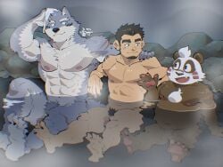 3boys abs bara bear_boy belly black_hair blue_fur blush character_request completely_nude crave_saga dog_boy facial_hair forked_eyebrows full_body furry furry_male goatee hakuma_(crave_saga) hand_on_another's_shoulder highres large_pectorals male_focus male_pubic_hair multiple_boys muscular muscular_male navel nipples nude onsen pectorals penis plump protagonist_(crave_saga) pubic_hair shirako_(kirupi) short_hair sitting smile steam stomach tareme thick_eyebrows yaoi