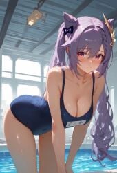 1girls ai_generated ass big_ass big_breasts blush breasts doggy_style genshin_impact keqing_(genshin_impact) light-skinned_female long_hair solo solo_female swimsuit wet