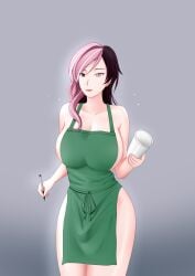 andrian_gates big_breasts green_apron multicolored_hair neo_(rwby) rwby thick_thighs waitress