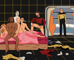 2girls android artist_request betazoid_(species) beverly_crusher censored combadge data deanna_troi female group_sex holodeck human jean-luc_picard klingon_(species) miles_o'brien orgy star_trek star_trek_the_next_generation starfleet_insignia starfleet_uniform uniform william_riker worf