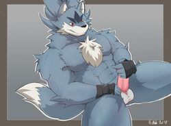 2018 abs anthro biceps black_nose blitzclaw canine chest_tuft clothing fingerless_gloves fur gloves gundam hair hi_res male male_only mammal muscular muscular_male pecs tigerwolf_(gundam_build_divers) tuft wolf