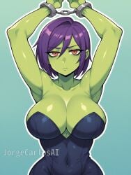1girls ai_generated alien alien_girl alien_humanoid armpit armpit_fetish armpits arms_up bored bored_expression breasts breasts breasts cleavage dress eyelashes eyeliner female female female_focus female_only girl green_skin handcuffed handcuffs huge_boobs huge_breasts huge_breasts jorgecarlosai makeup purple_hair red_eyes sexy simple_background watermark